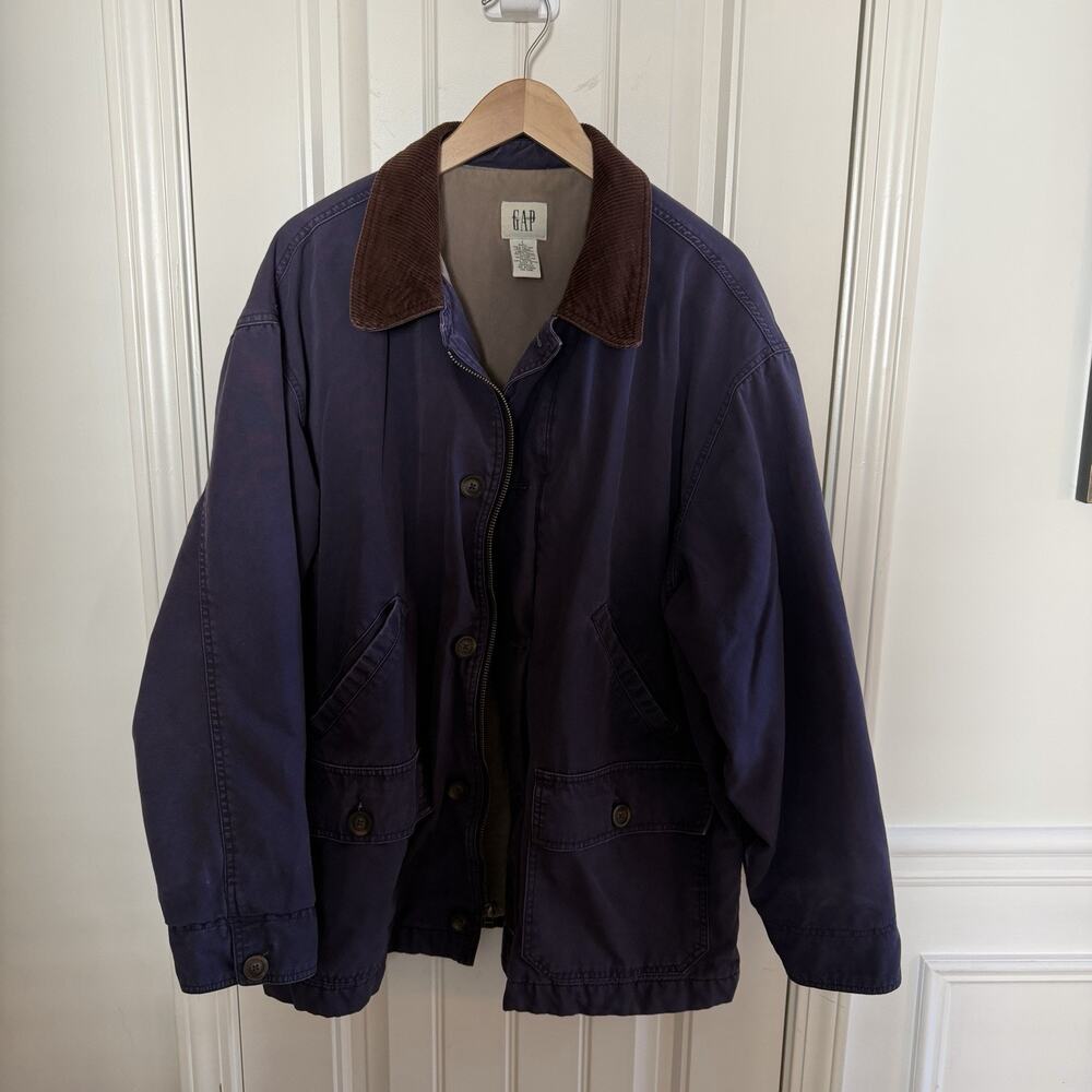 Vintage GAP Navy Blue Corduroy Collar Chore Barn Jacket Size Large